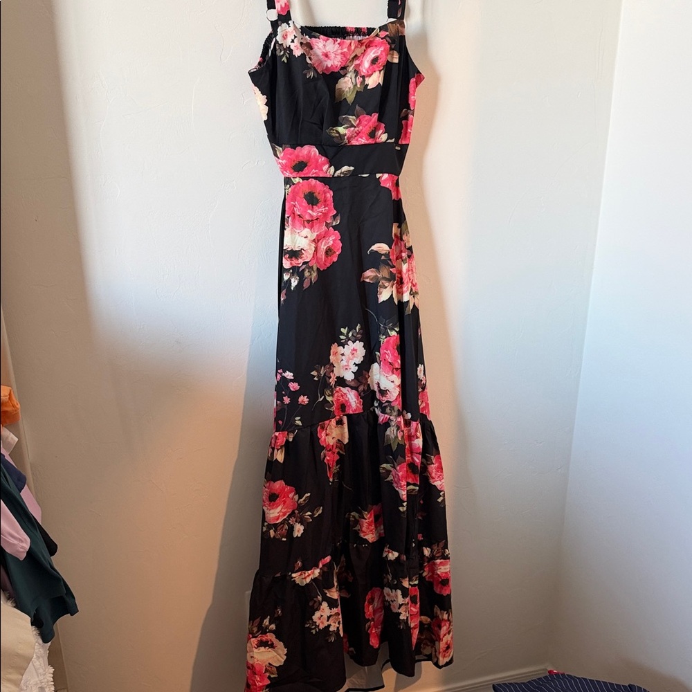 Floral Black Maxi Sundress with Pink Blooms